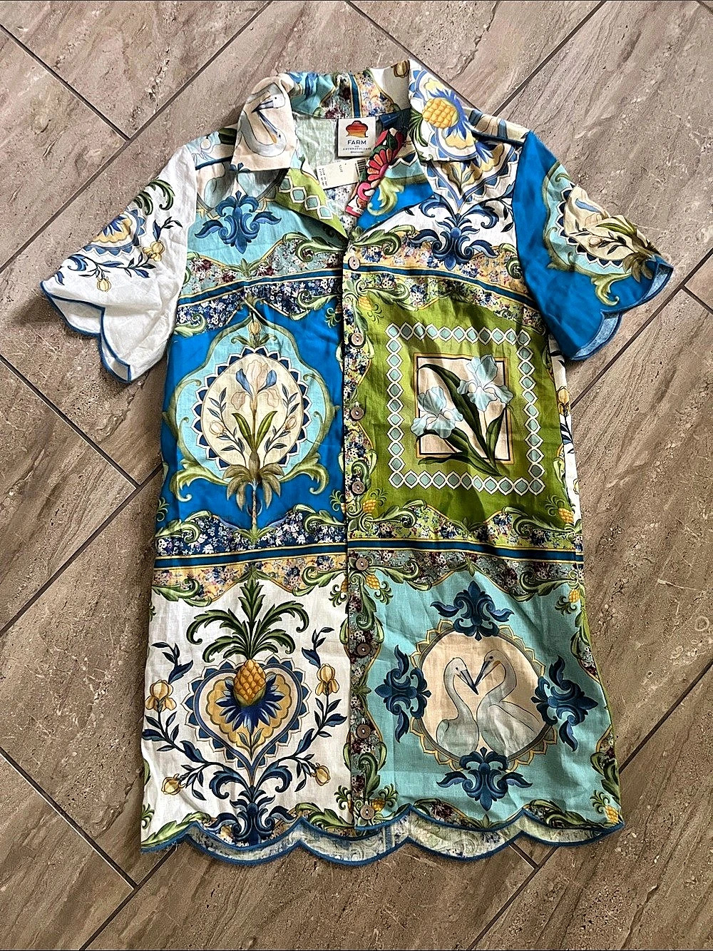 Farm Rio Floral Button Down Shirt Blue & Green Size Small